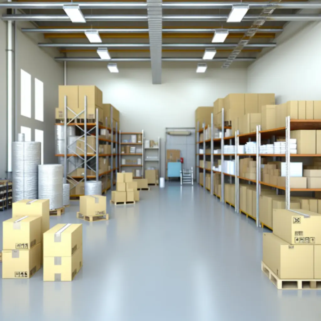 Wnętrze magazynu dystrybucyjnego z regałami pełnymi opakowań